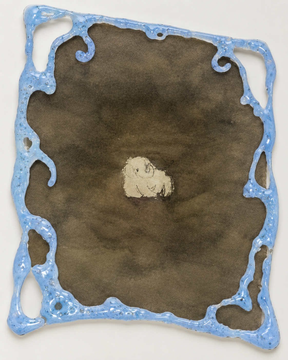 Elephant Tale, painting in an irregular blue glass frame