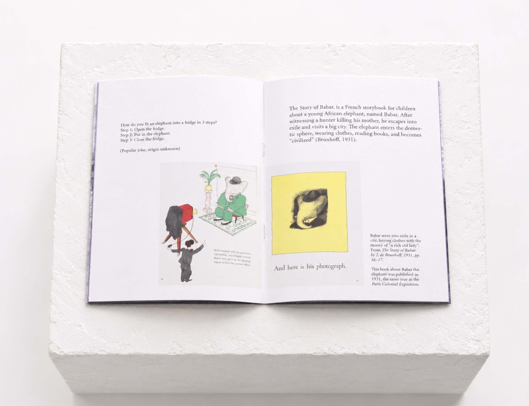 Elephant Tale publication, open spread with archival references