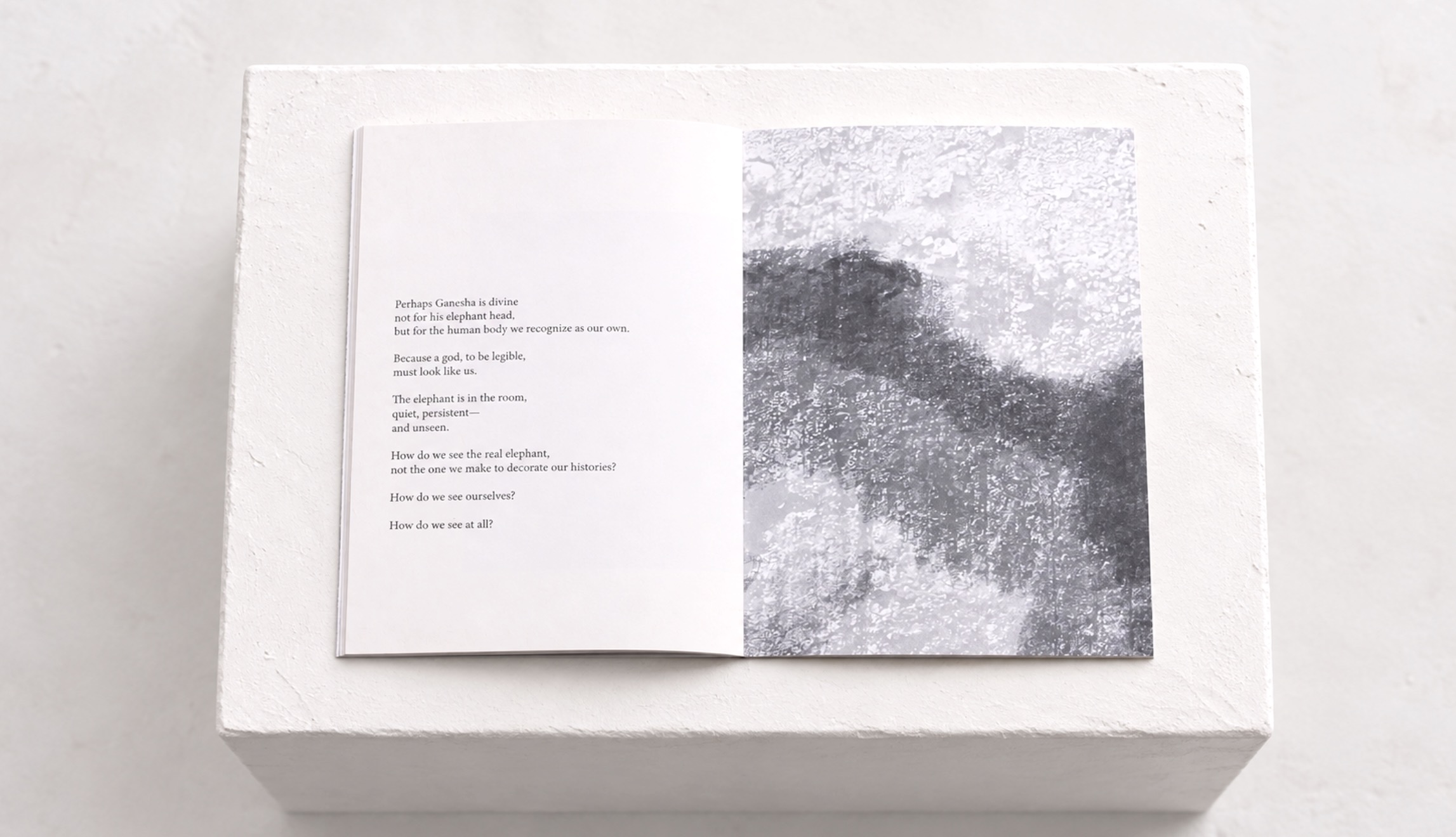 Elephant Tale publication, open spread with text and monochrome imagery